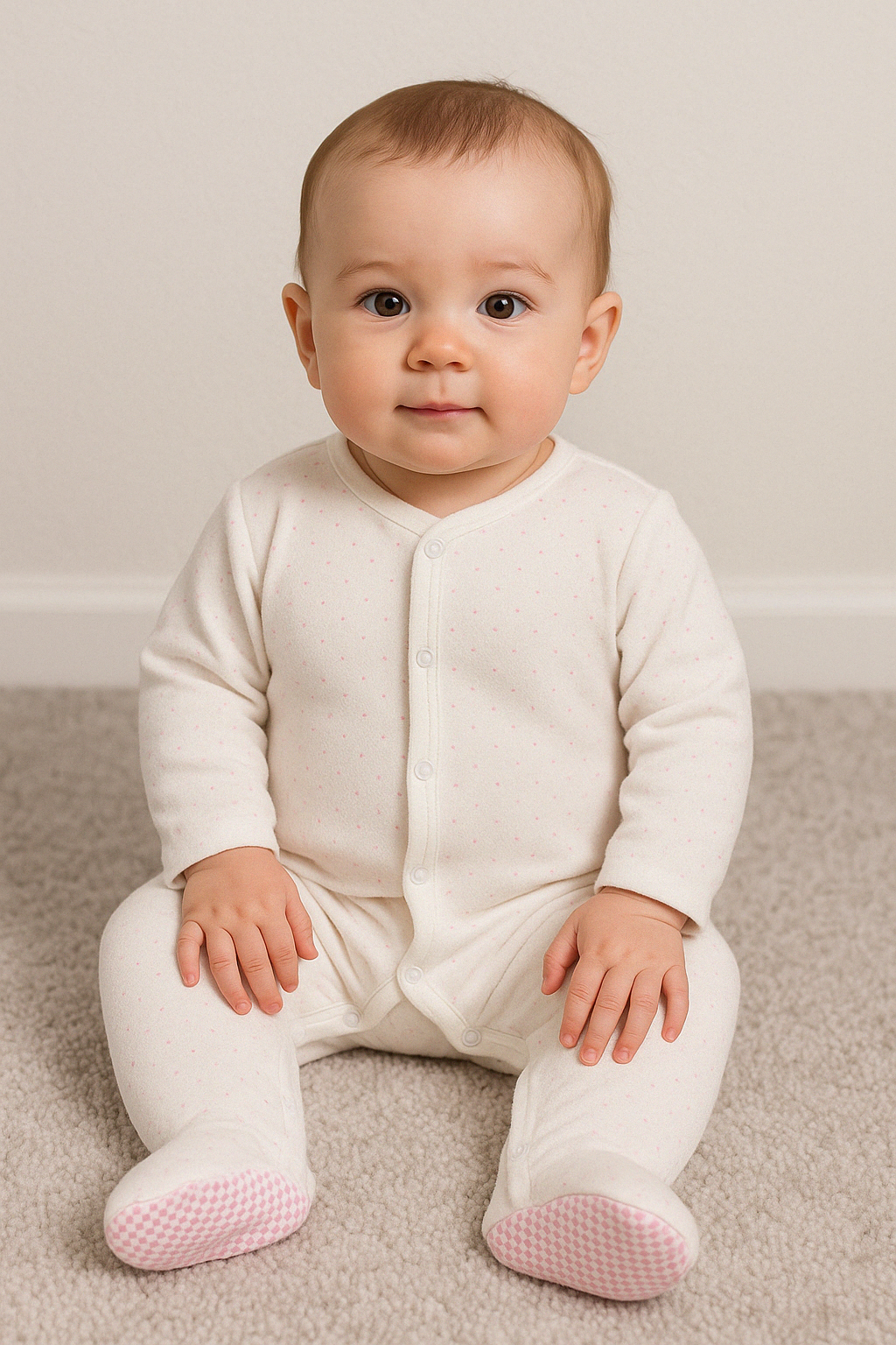 Baby Terry Sleepsuits White Pink Dot