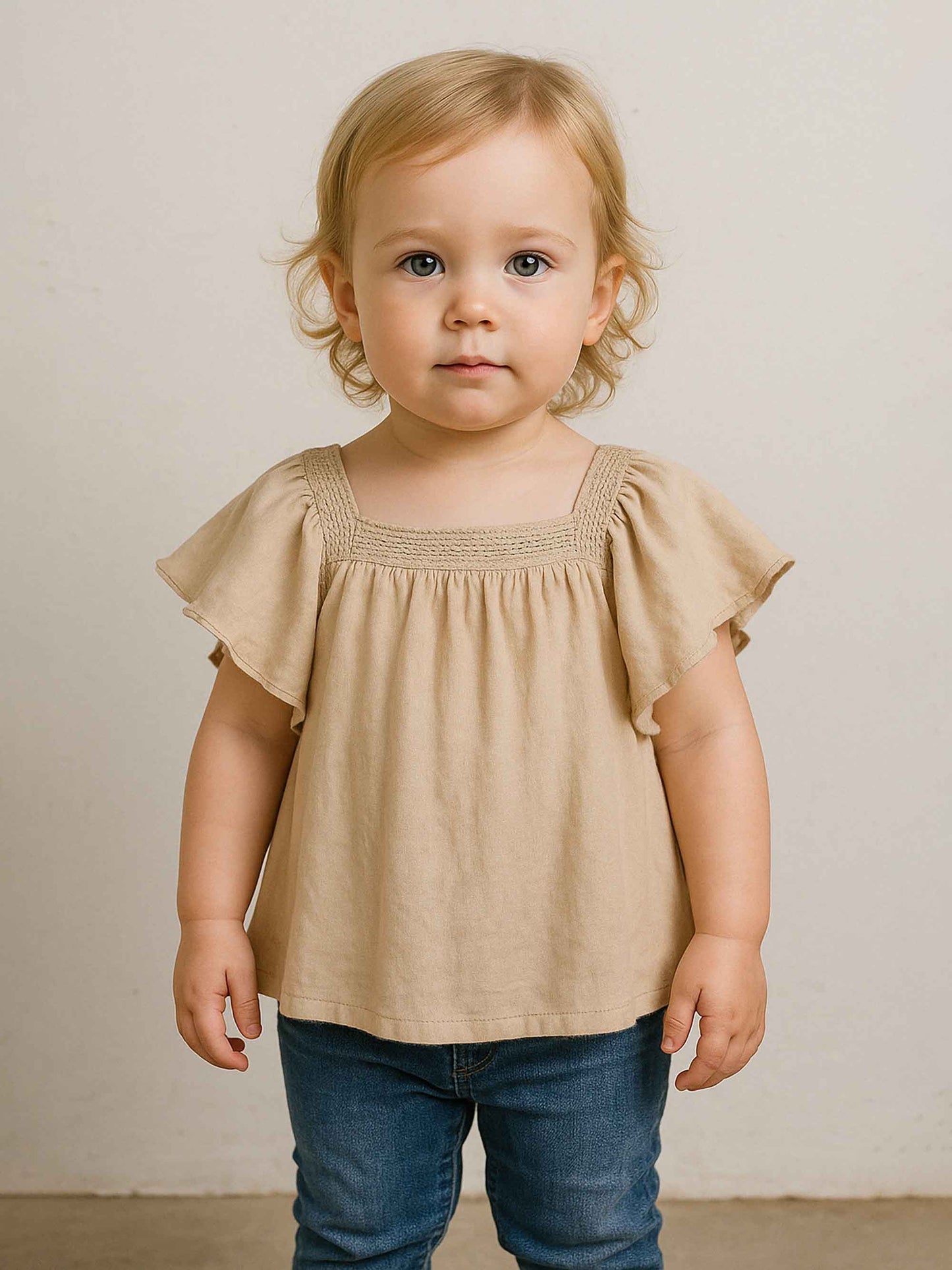 Baby Girls Butterfly Sleeve Top Crinkled Finish