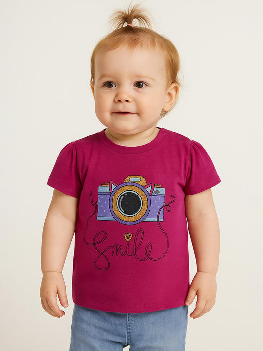 Baby Girls Printed Fuschia T-Shirt