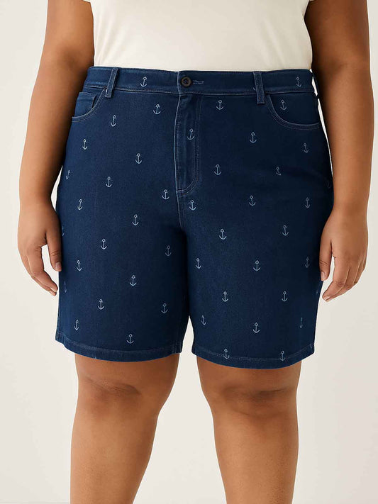 Ladies Oversize Printed Denim Shorts