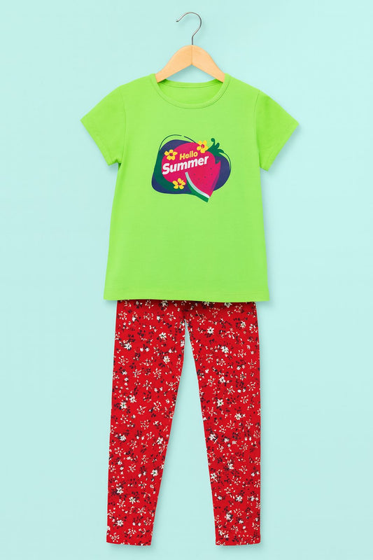 Girls Printed Green-Red Pyjama Set
