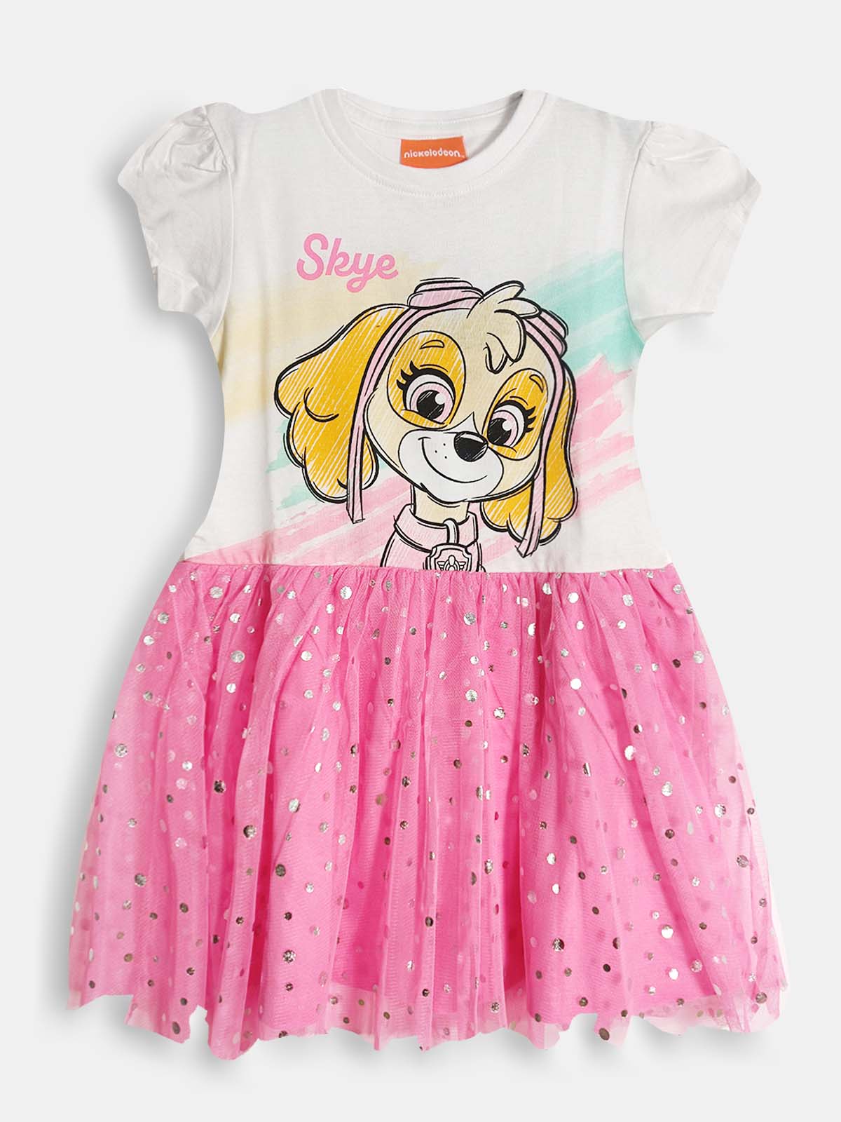 Girls Printed Knit Pink Mesh Dress