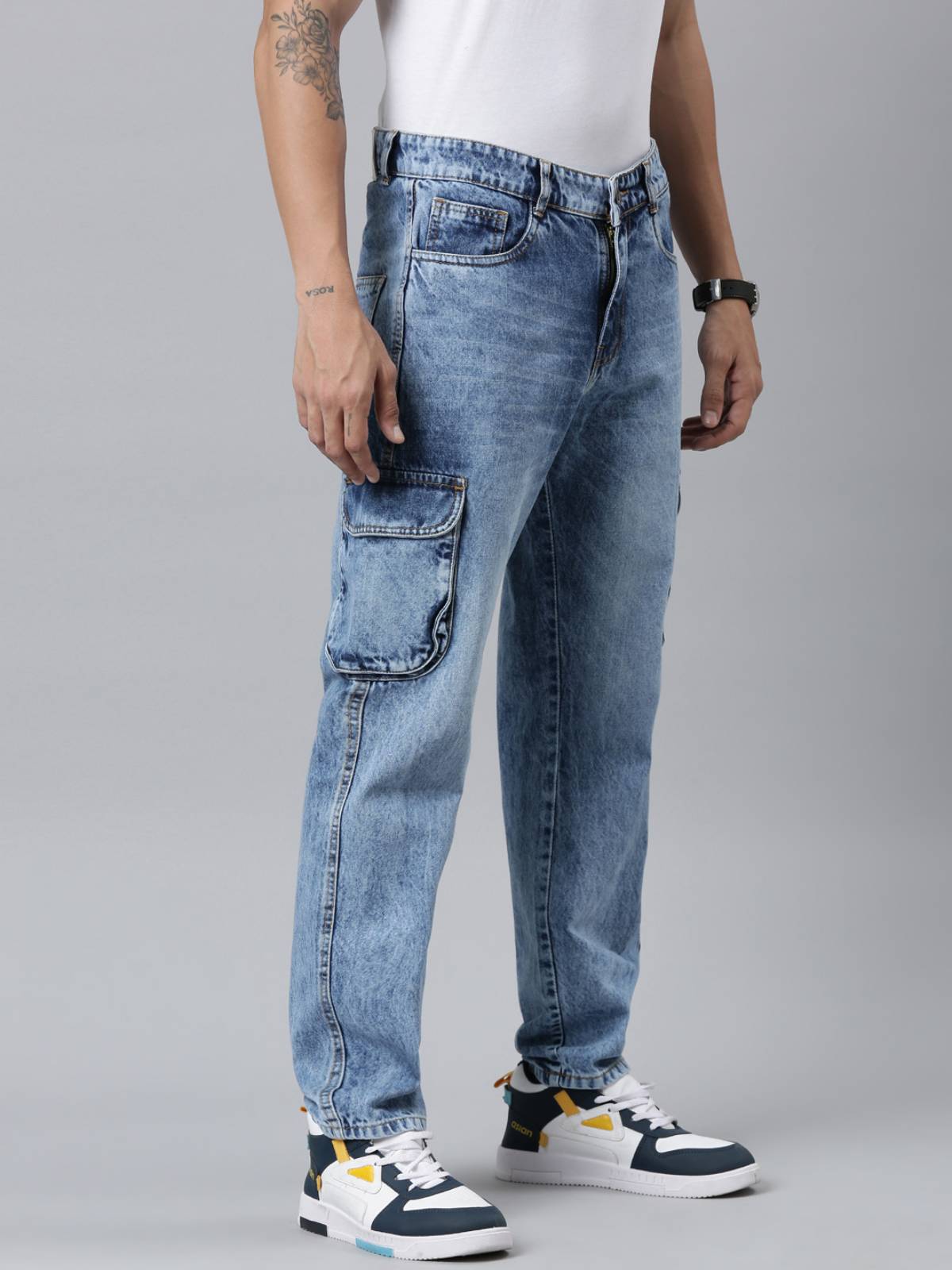 Mens Denim Blue Cargo Jeans