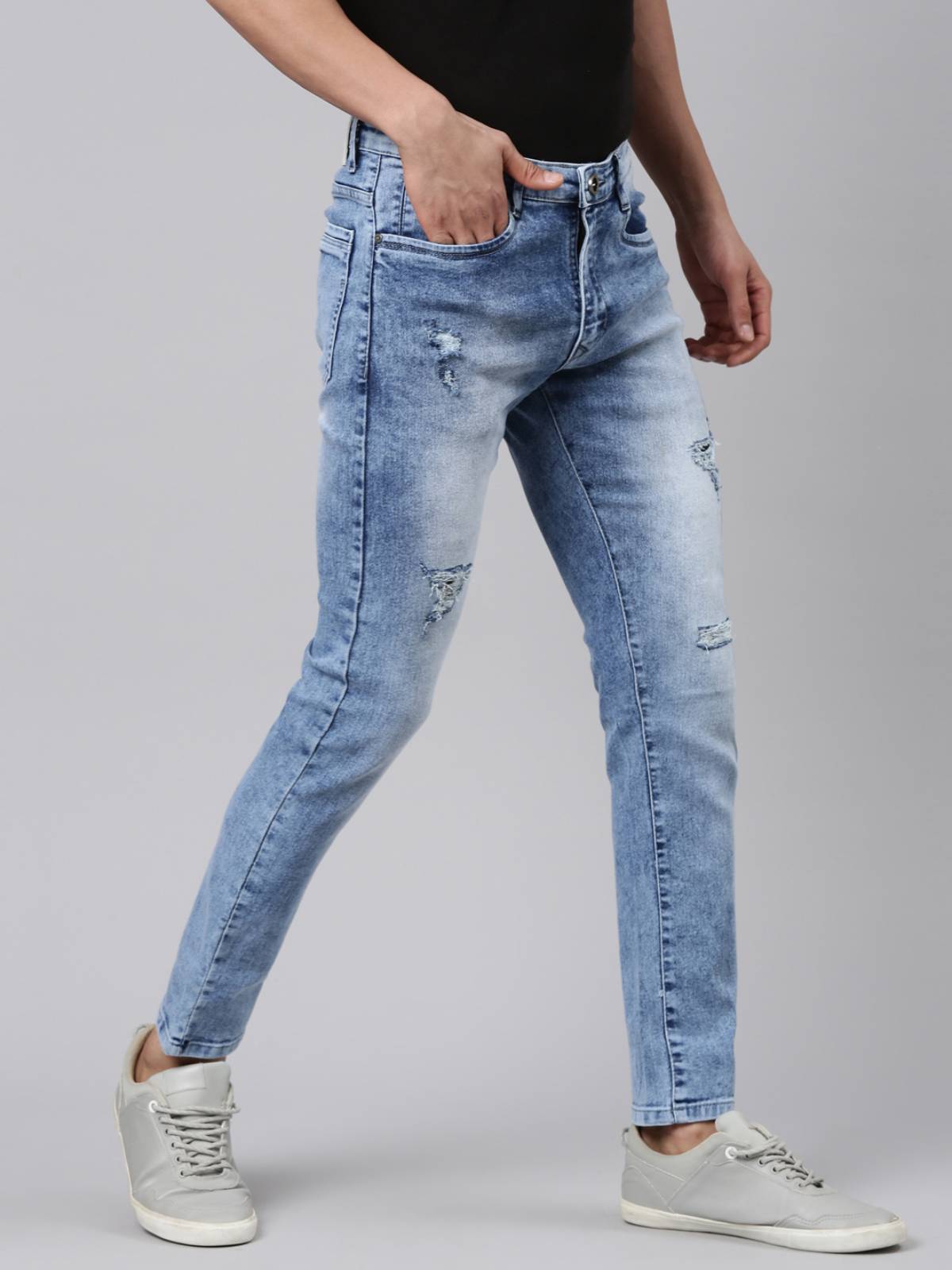 Mens Washed Blue Distressed Jeans