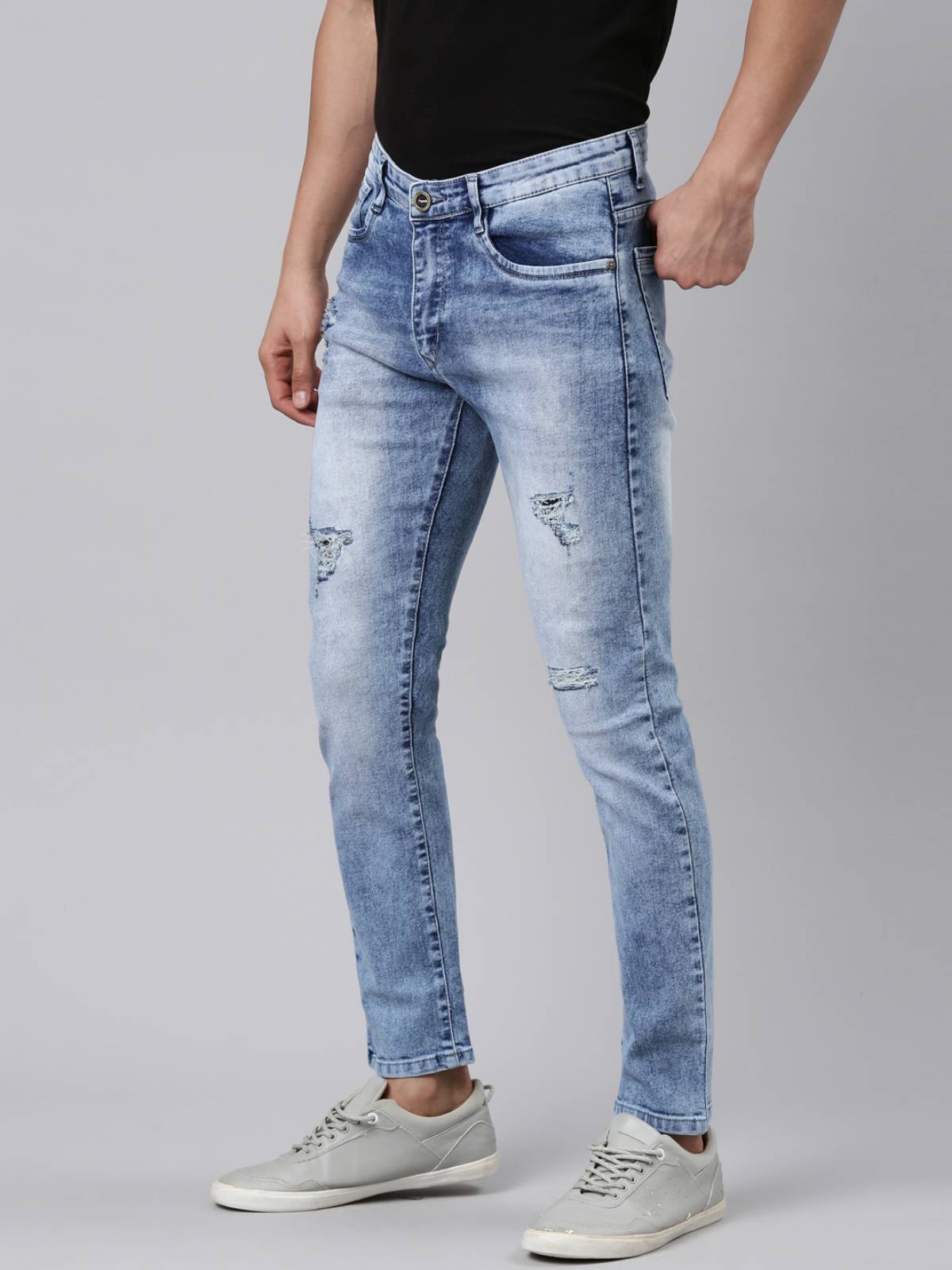 Mens Washed Blue Distressed Jeans