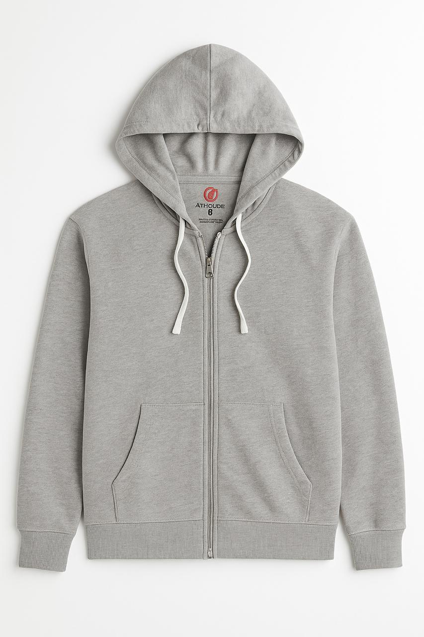 Mens Hooded Full Zipper Grey Melange Sweatshirt