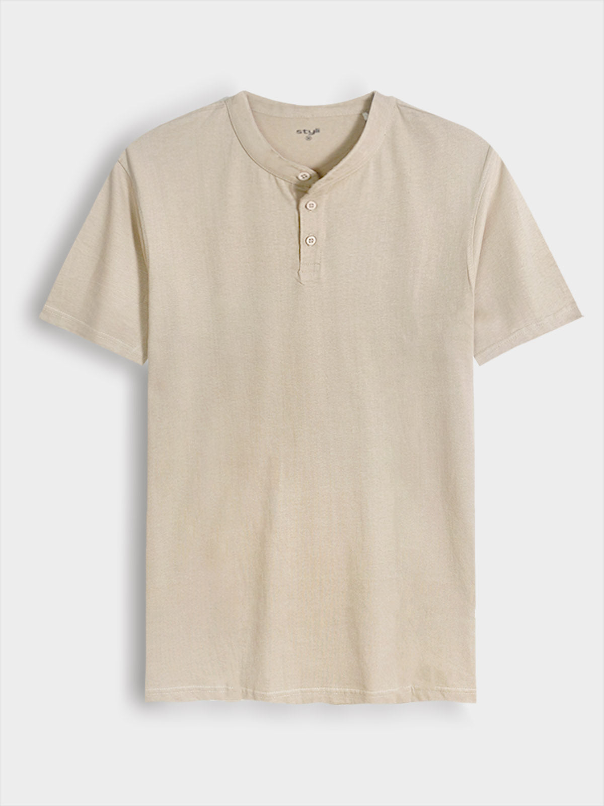 Mens Henley Neck Beige T-Shirt