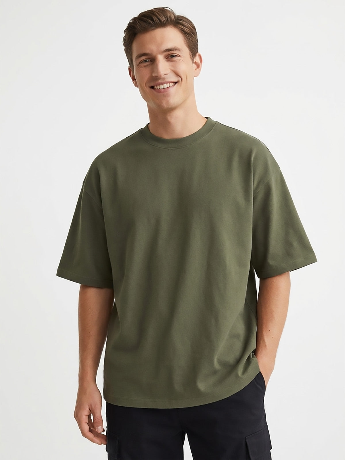 Mens French Terry Oversized T-Shirt Olive Wholesale | M11597G