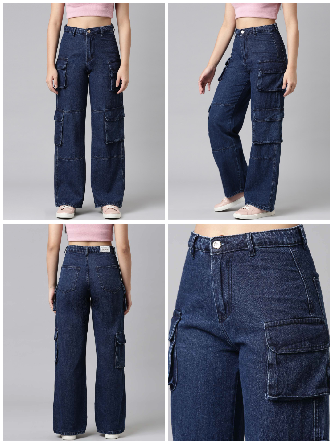 Ladies Washed Cargo Jeans Blue