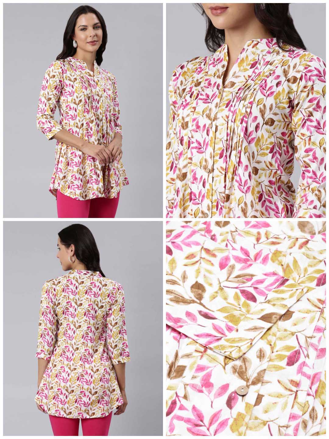 Ladies Slim Fit Pink Leaf AOP Top