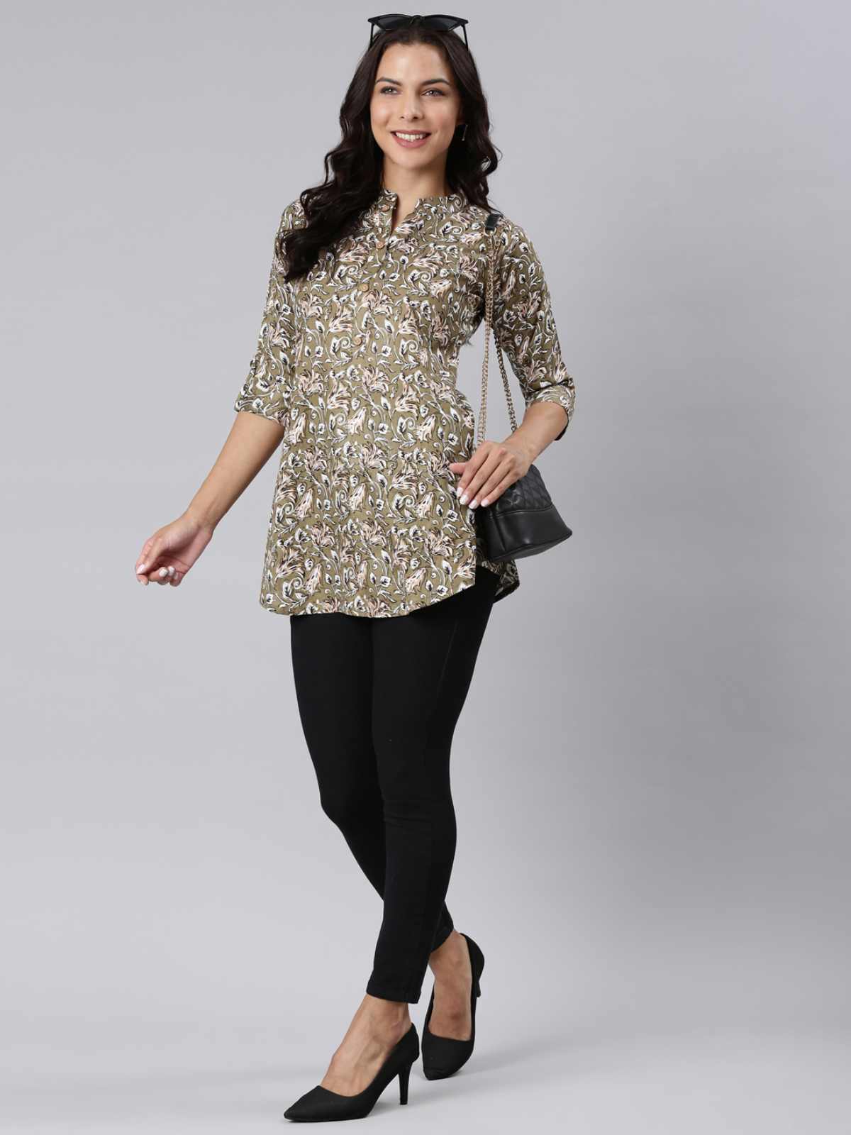 Ladies Floral Print Slim Fit Olive Top