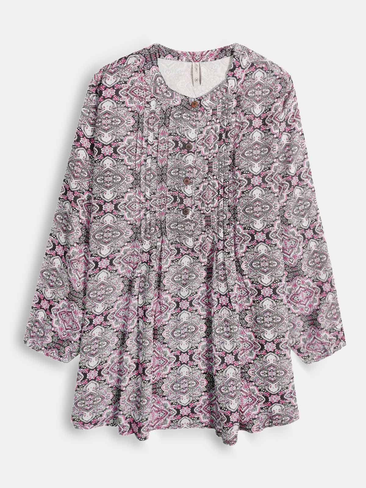 Ladies Pink AOP Pleated Woven Top