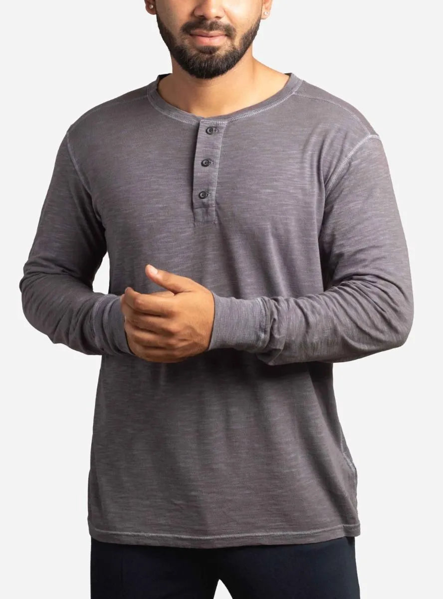 Mens Henley Neck Long Sleeve T Shirt Grey