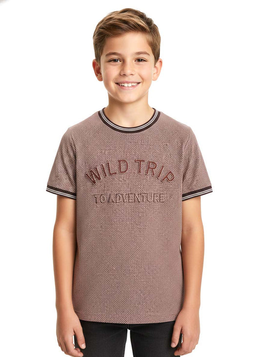 Boys Embossed Print Brown T-Shirt