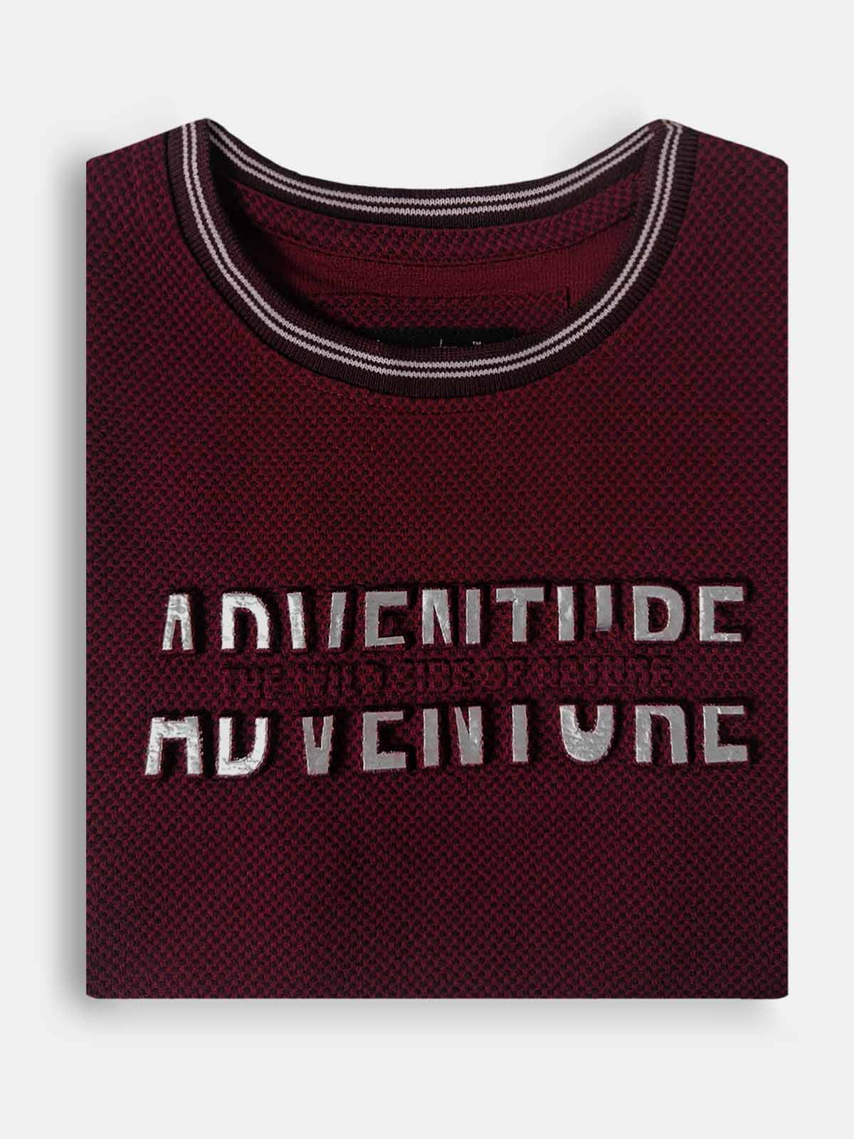 Boys Embossed Print Maroon T-Shirt