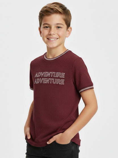 Boys Embossed Print Maroon T-Shirt