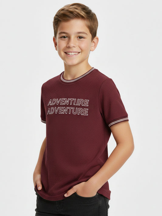 Boys Embossed Print Maroon T-Shirt