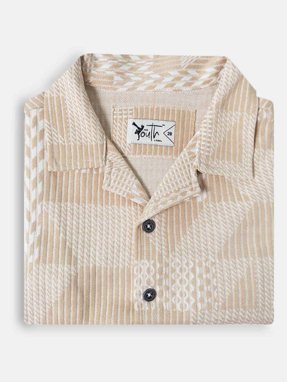 Boys Brown Jacquard Cuban Collar Shirt