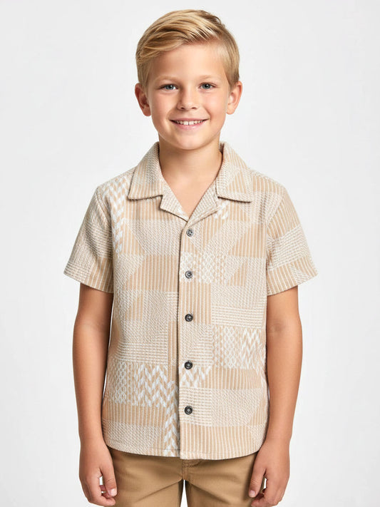 Boys Brown Jacquard Cuban Collar Shirt