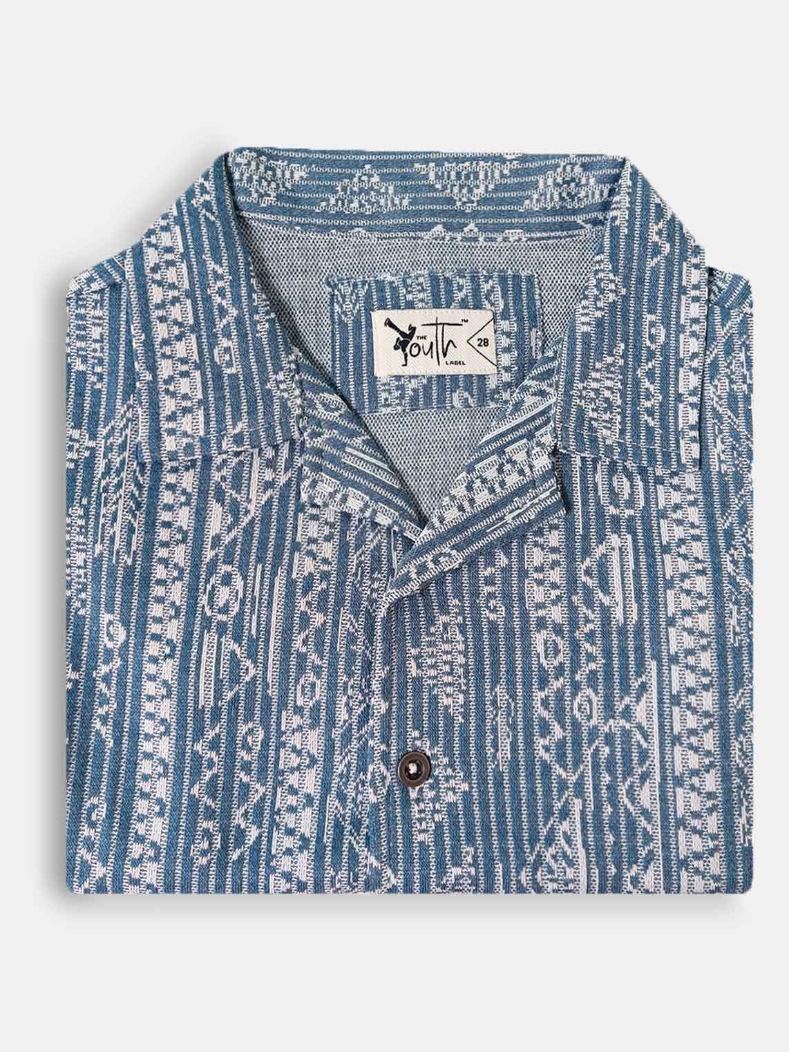 Boys Blue Jacquard Cuban Collar Shirt