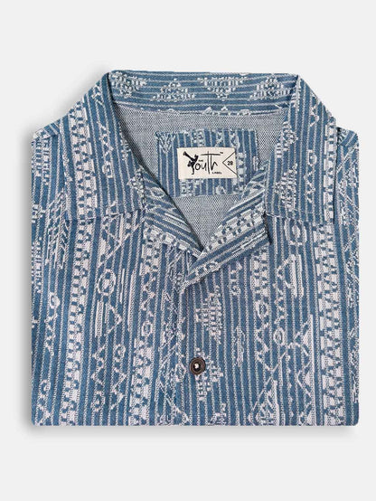 Boys Blue Jacquard Cuban Collar Shirt