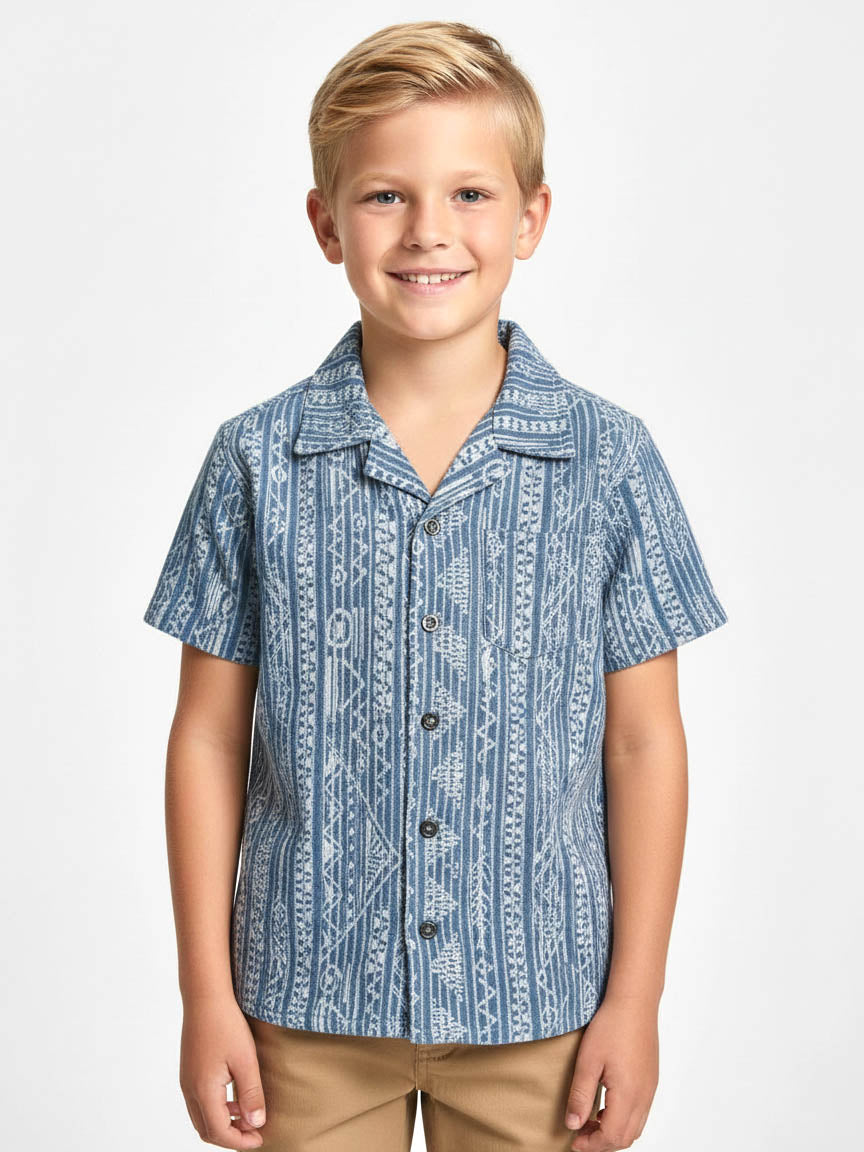 Boys Blue Jacquard Cuban Collar Shirt