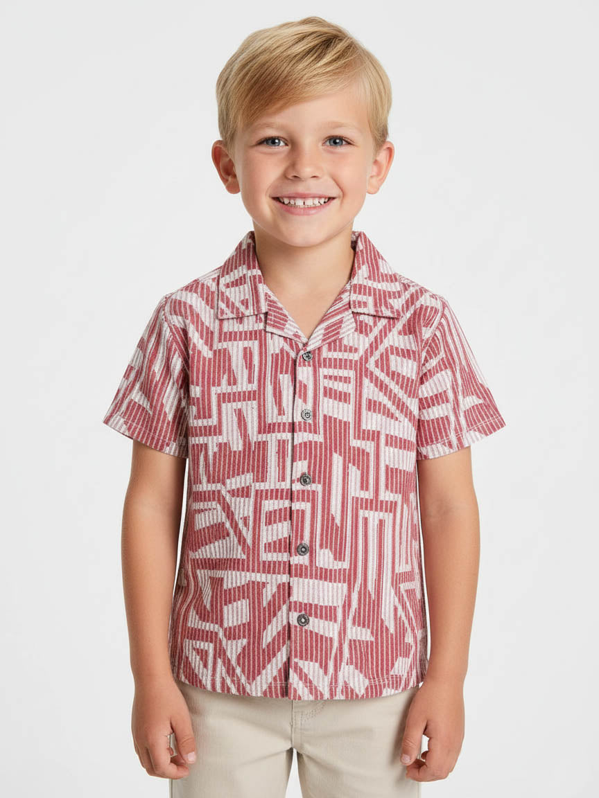 Boys Rust Jacquard Cuban Collar Shirt