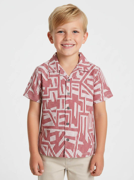 Boys Rust Jacquard Cuban Collar Shirt
