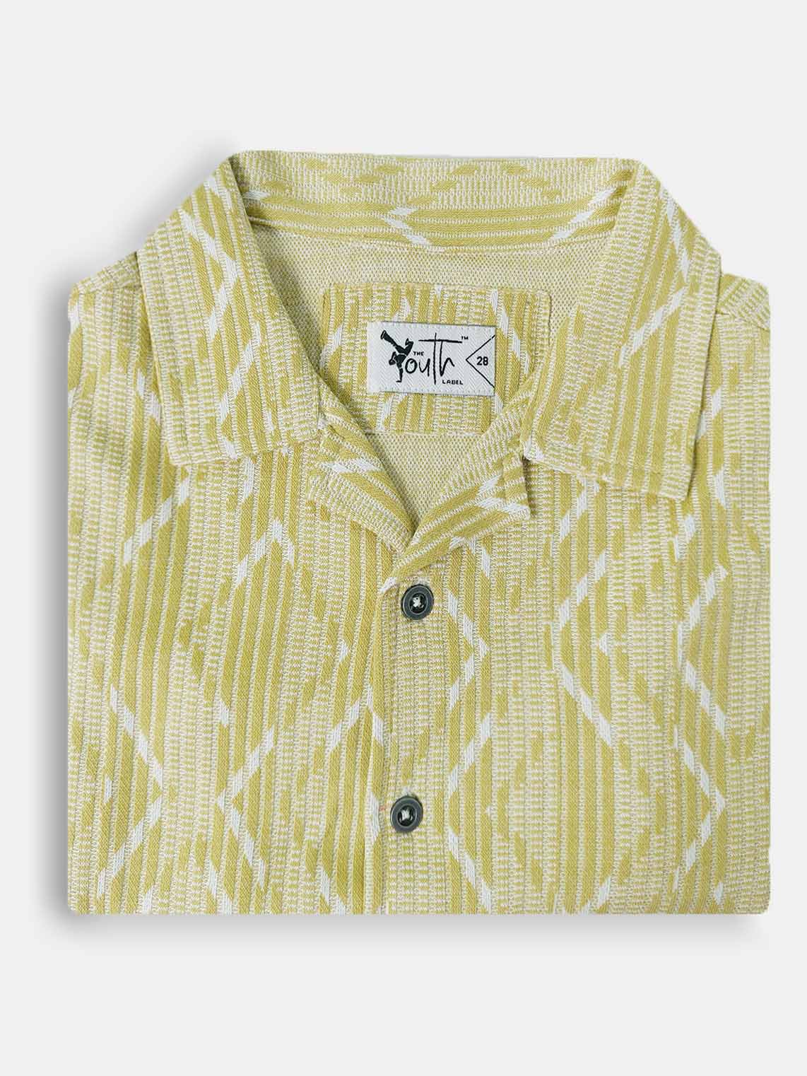 Boys Green Jacquard Cuban Collar Shirt