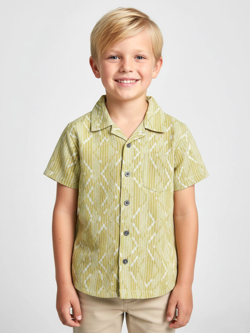 Boys Green Jacquard Cuban Collar Shirt