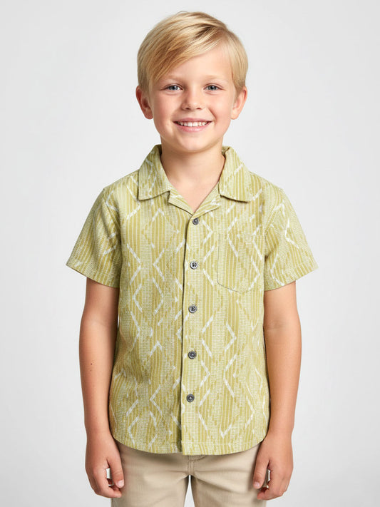 Boys Green Jacquard Cuban Collar Shirt