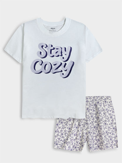 Ladies Printed Shorty Set White