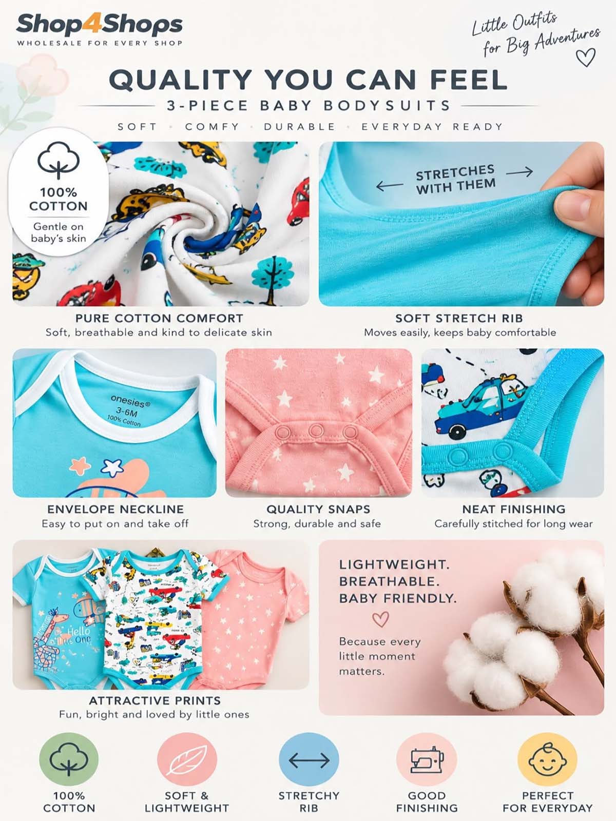 3-Piece Baby Short Sleeve Bodysuits – 100% Cotton