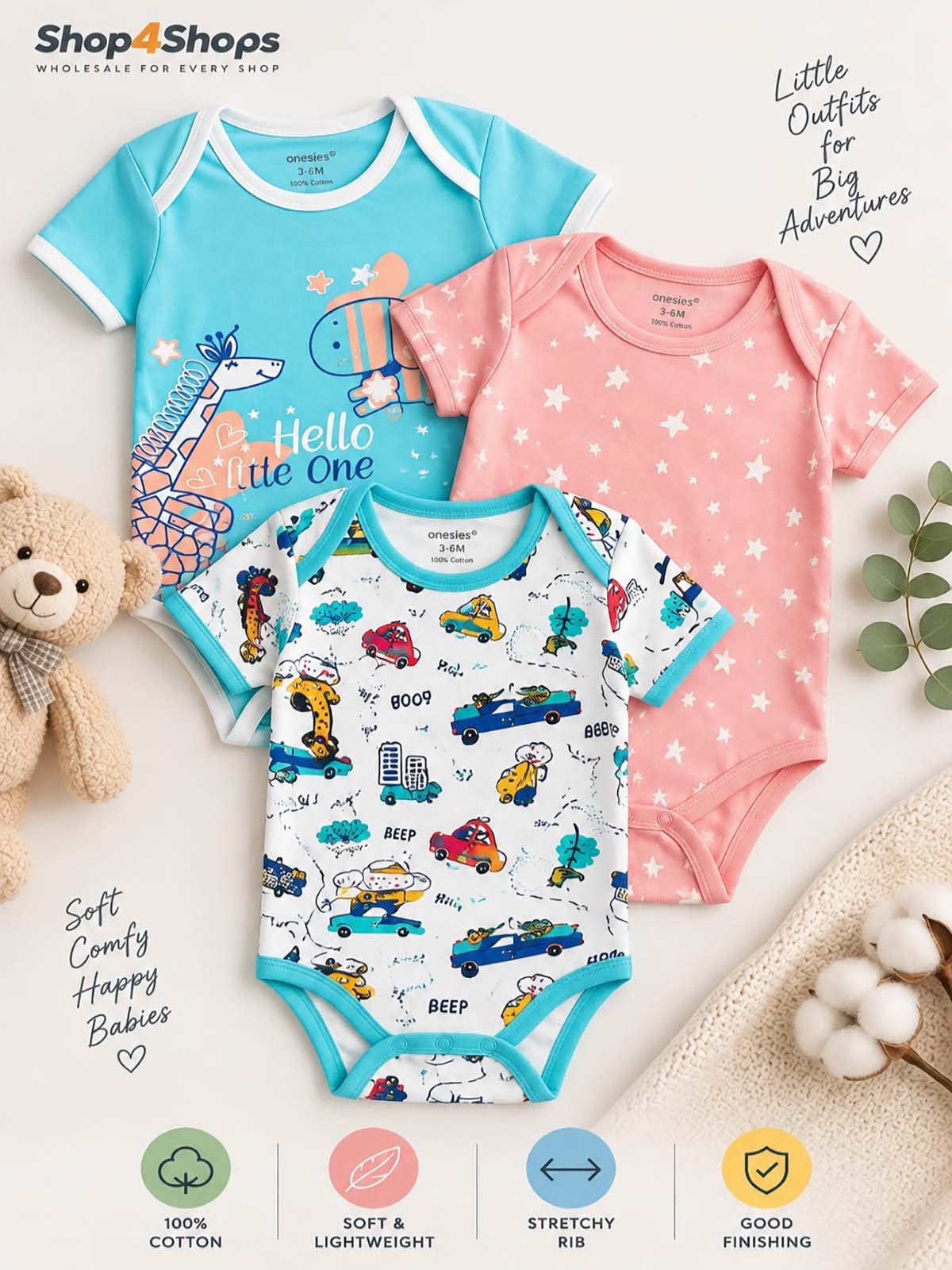 3-Piece Baby Short Sleeve Bodysuits – 100% Cotton