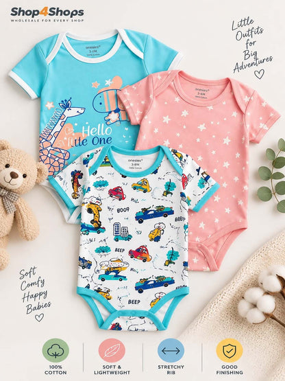 3-Piece Baby Short Sleeve Bodysuits – 100% Cotton