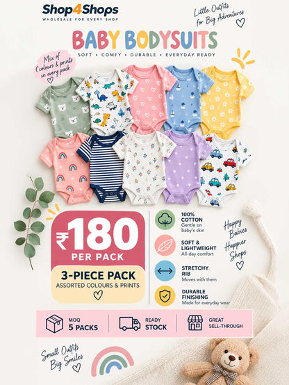 3-Piece Baby Short Sleeve Bodysuits – 100% Cotton