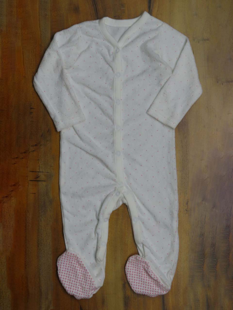 Baby Terry Sleepsuits White Pink Dot