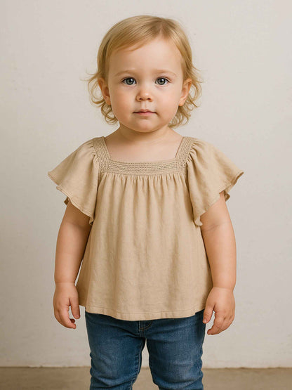 Baby Girls Butterfly Sleeve Top Crinkled Finish