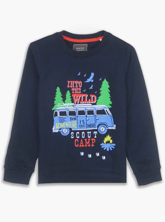 Boys Navy Bus Print Pullover Sweatshirt