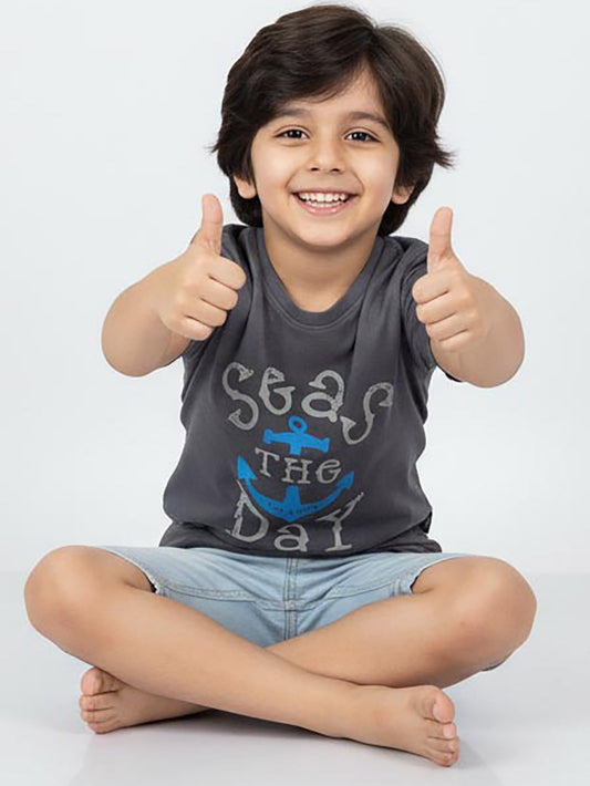 Boys Printed Dark Grey T-Shirt