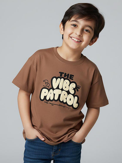 Boys Printed Oversize Fit Brown T-Shirt