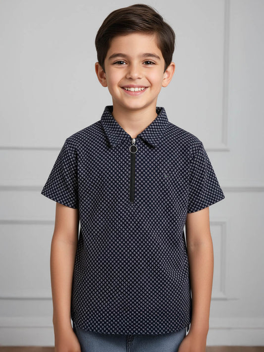 Boys Jacquard Navy Polo