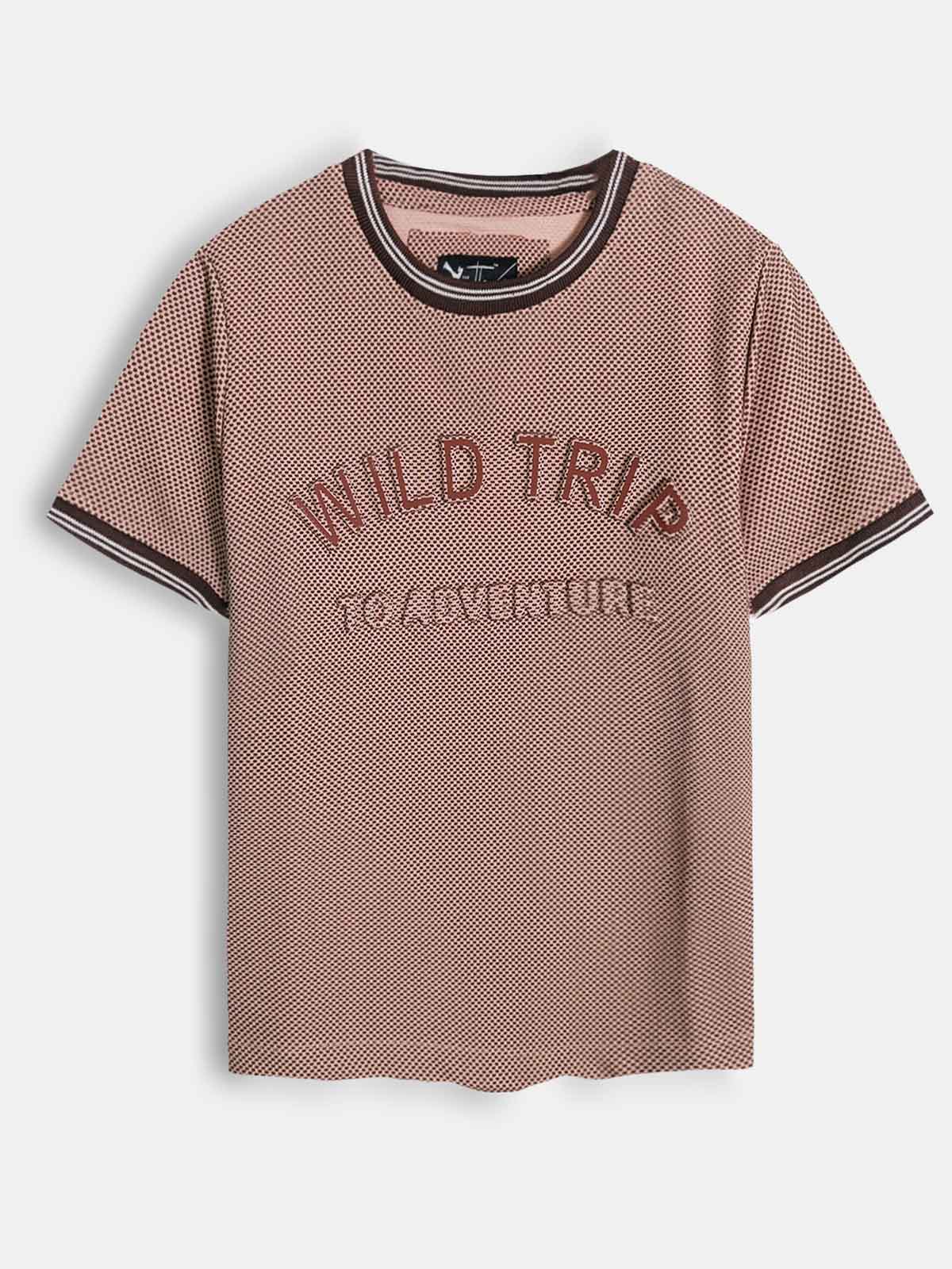Boys Embossed Print Brown T-Shirt