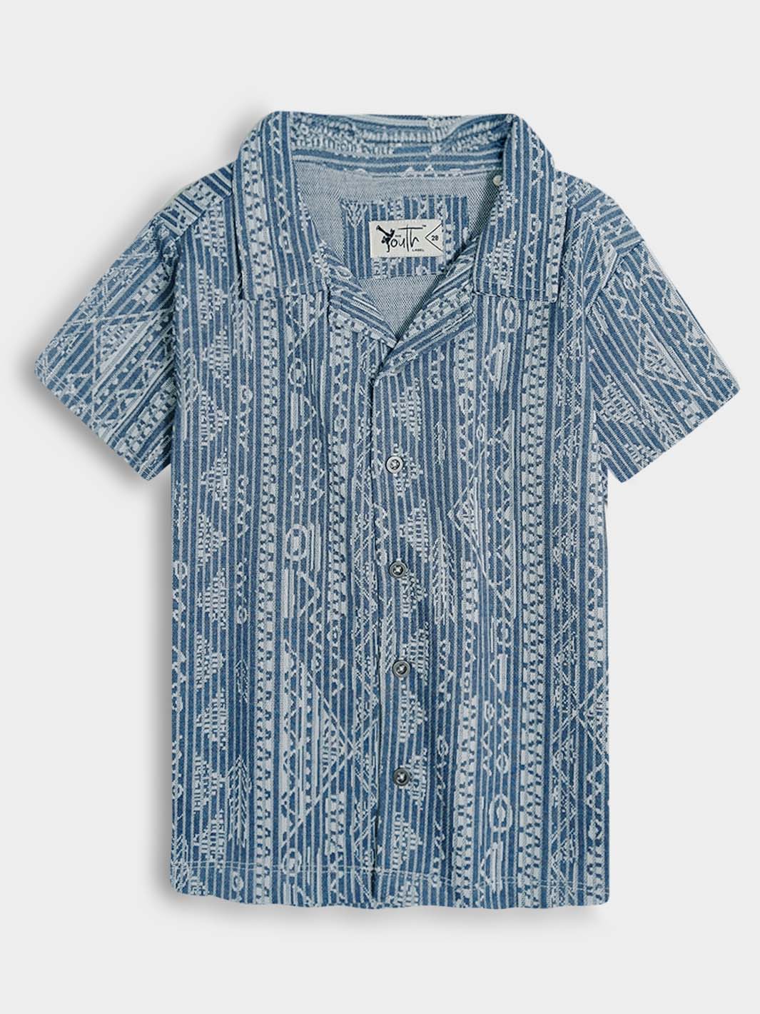 Boys Blue Jacquard Cuban Collar Shirt