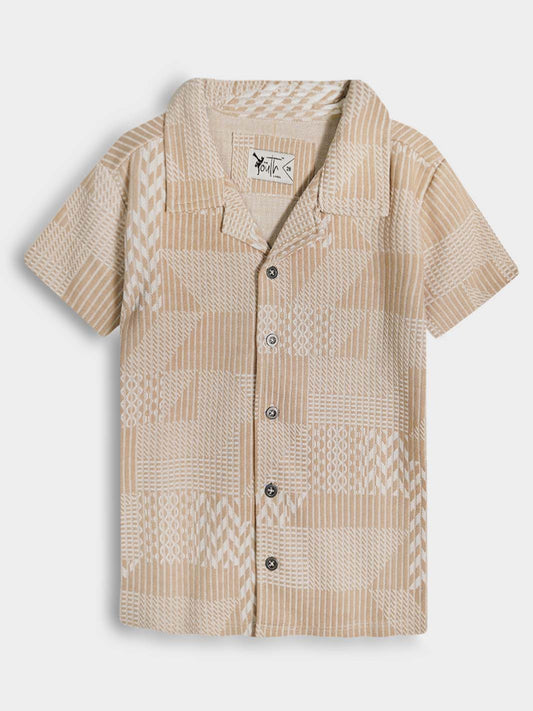 Boys Brown Jacquard Cuban Collar Shirt