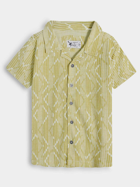 Boys Green Jacquard Cuban Collar Shirt