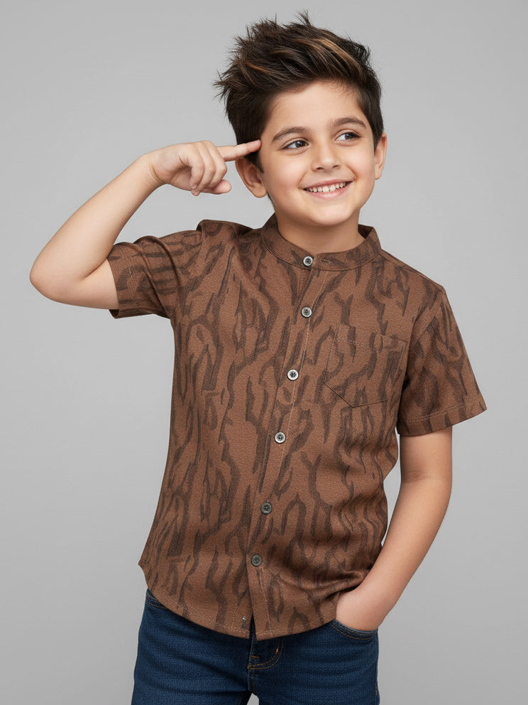 Boys Knit Chinese Collar Shirt D.Brown