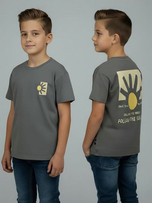 Boys Printed Oversize Fit Grey T-Shirt