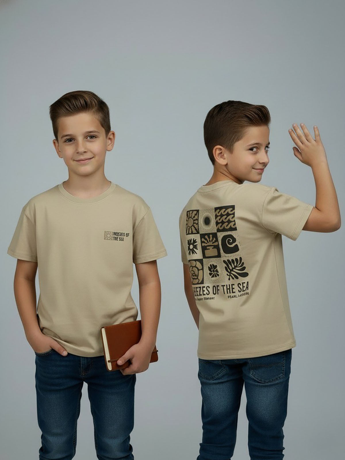 Boys Printed Oversize Fit Beige T-Shirt
