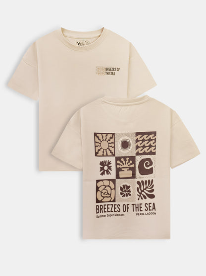 Boys Printed Oversize Fit Beige T-Shirt